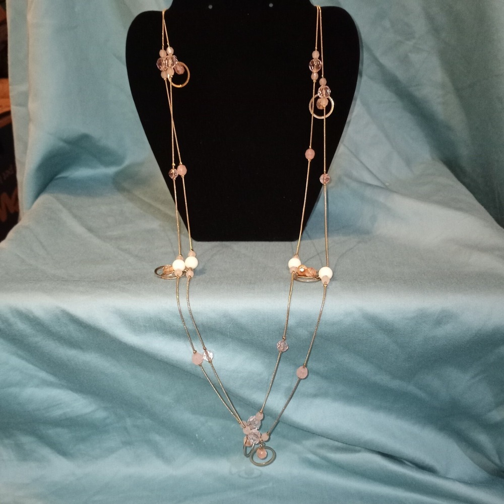 Necklace Pink Faceted Beads Round White Beads Snake Chain Two Strand Goldtone‎